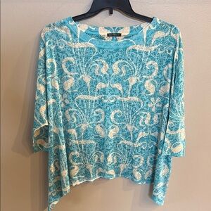 Nally & Millie ONE SIZE turquoise cream patterned top blouse asymmetrical